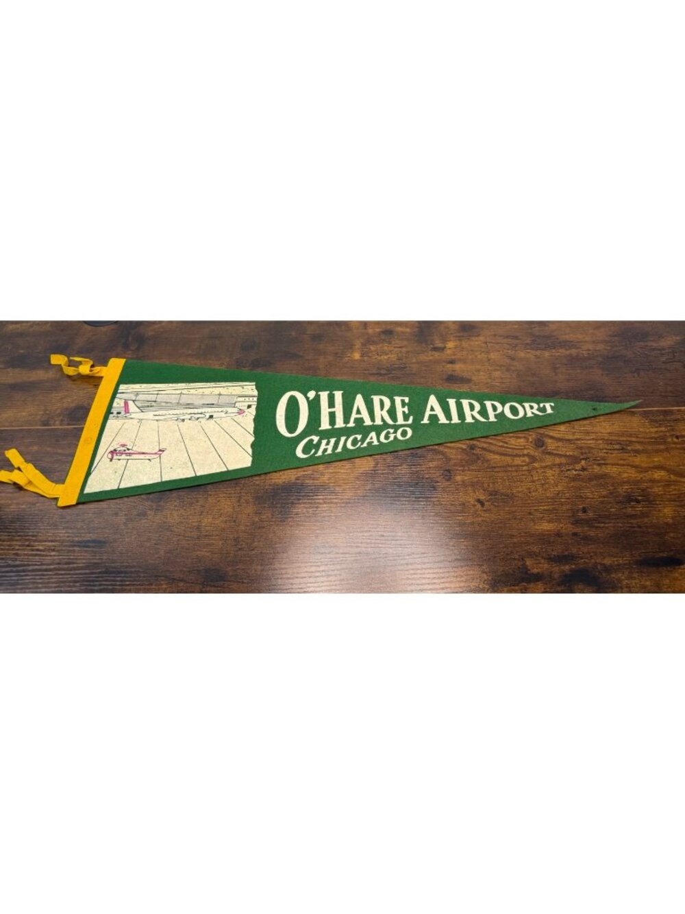 Vintage O’hare Airport Chicago Felt Pennant With Airplane Illustration